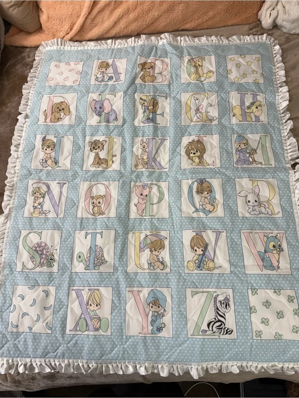 Vintage Precious Moments Alphabet Baby Blanket With Ruffle Border